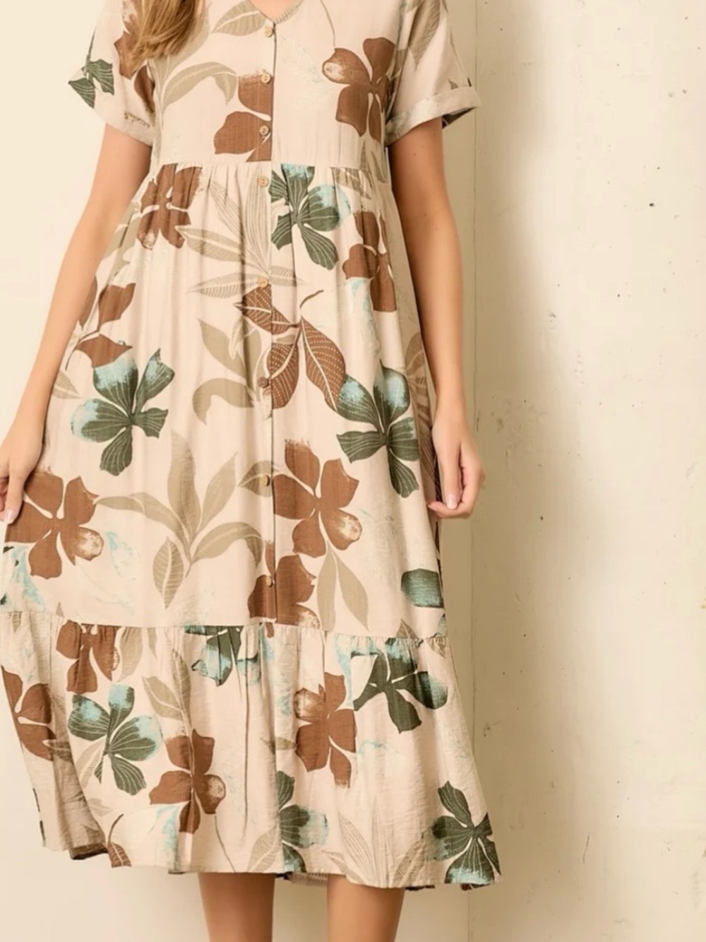 V-Neck Tiered Midi Dress in Beige with Teal & Brown Floral Print